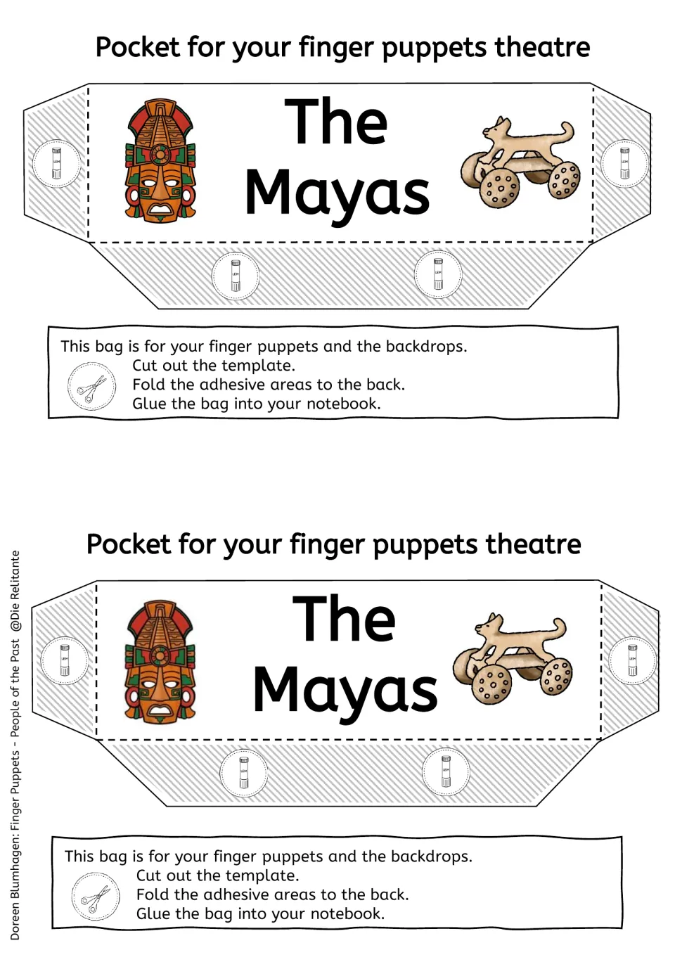 Puppet storage pocket in color with a Maya mask and wheeled toy: students cut, fold and glue the bag into a notebook