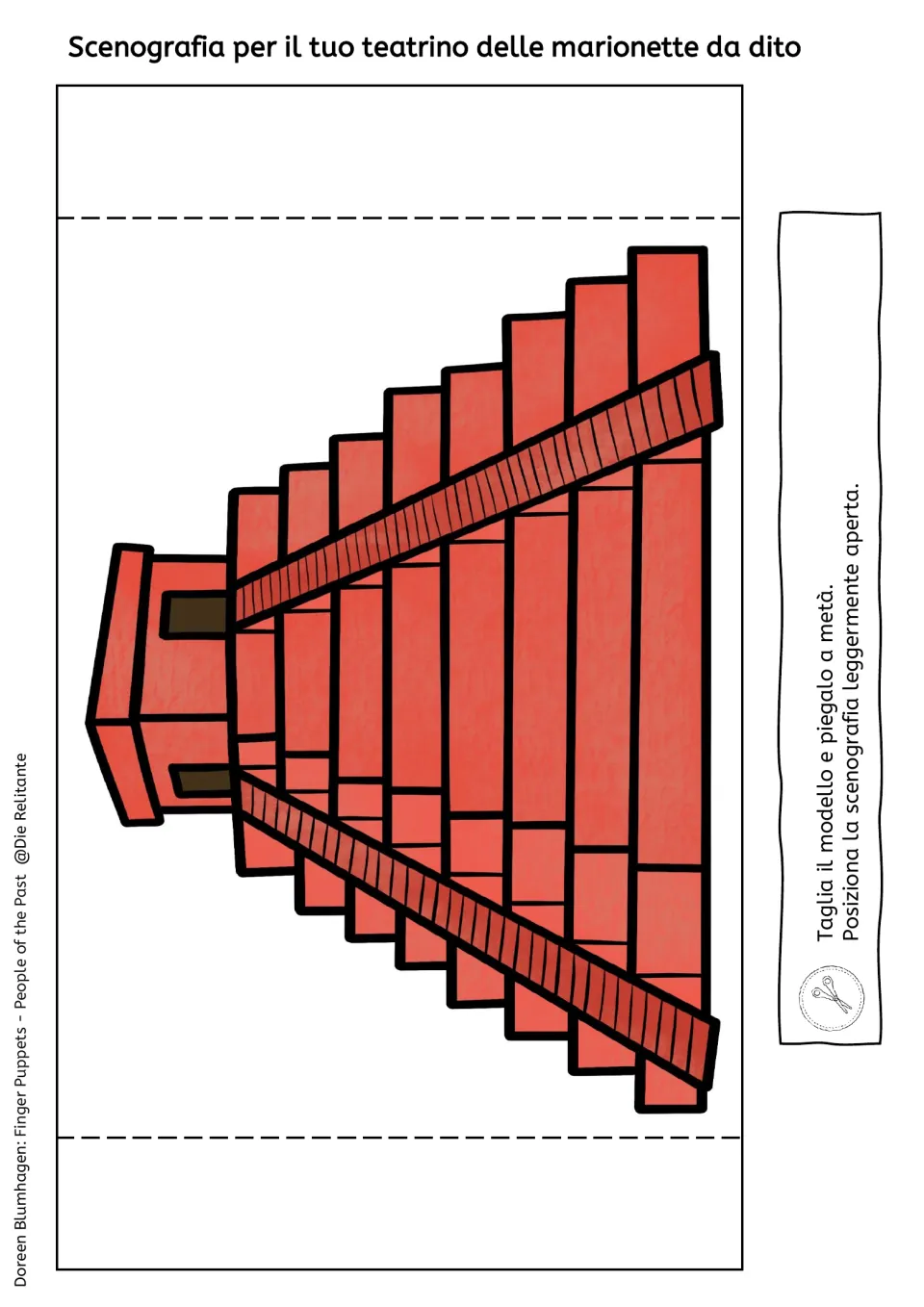 Color backdrop of a red stepped Maya pyramid with stairs, to cut out and fold in half; instructions are in Italian
