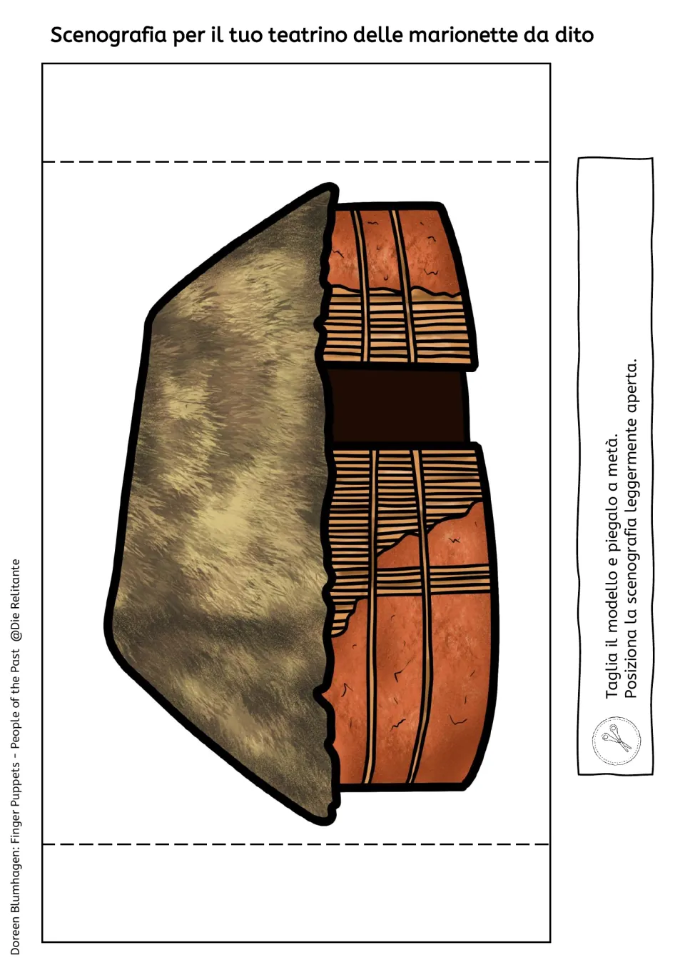 Color backdrop of a Maya house with a thatched roof and doorway, to cut out and fold in half; instructions are in Italian