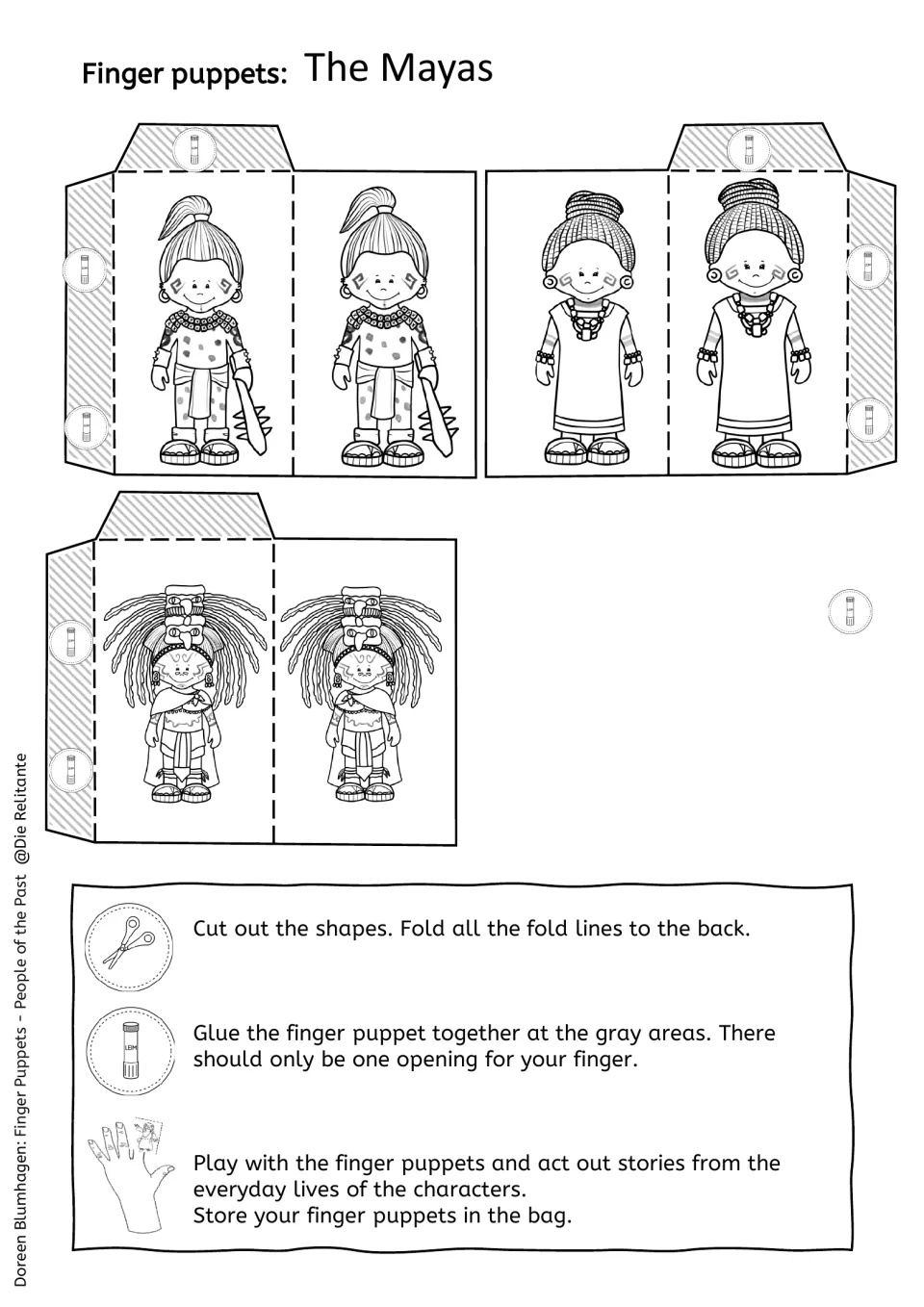 Black-and-white Maya finger puppets for coloring and assembling: a warrior with a club, a woman and a headdress figure