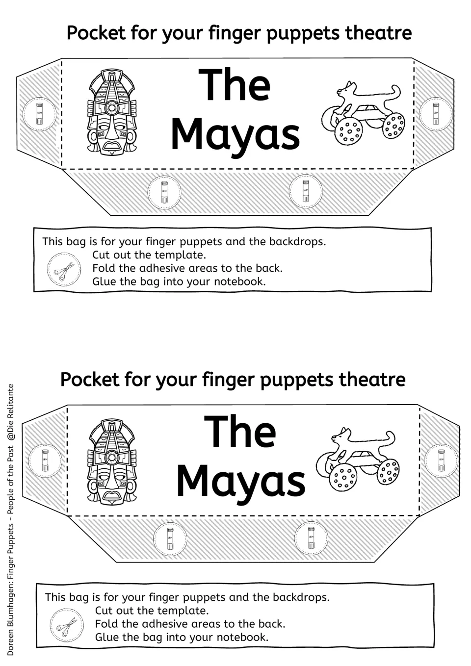 Black-and-white storage pocket with a Maya mask and wheeled toy; students color, cut and glue it into a notebook