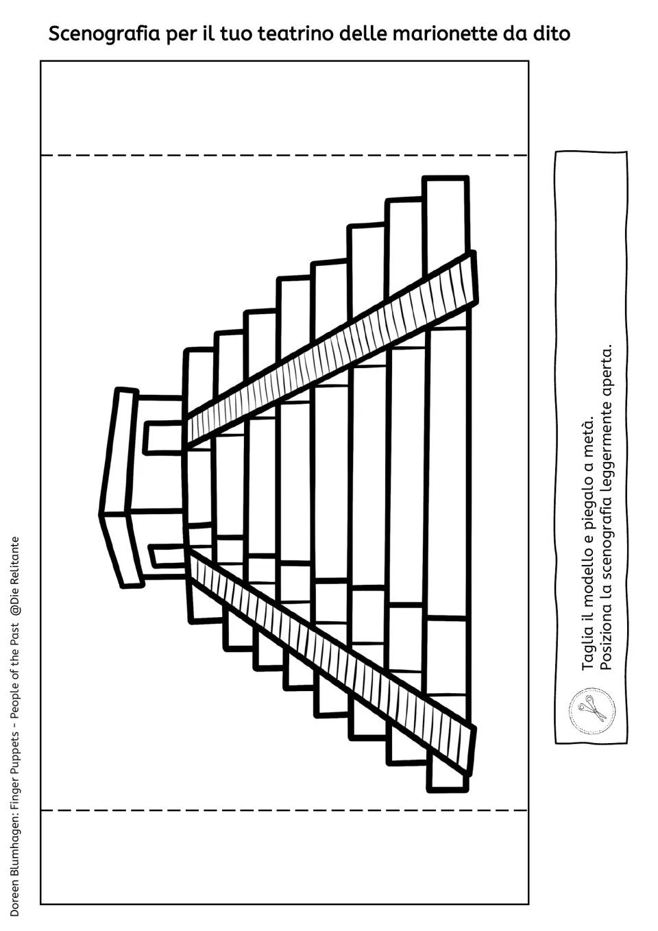 Line-art backdrop of a stepped Maya pyramid for students to color, cut out and fold in half; instructions in Italian