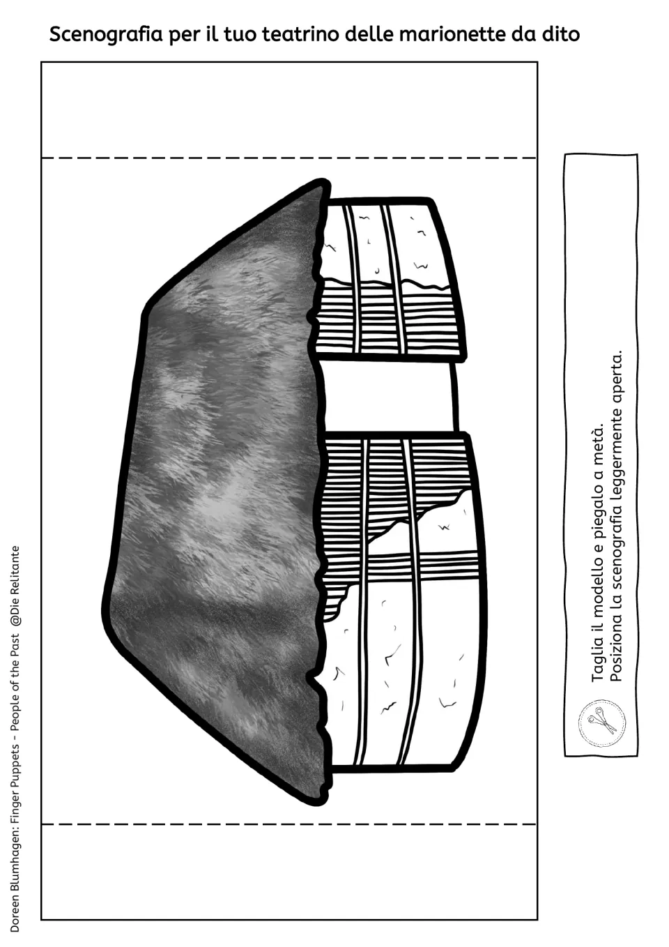 Grayscale backdrop of a thatched Maya house for students to color, cut out and fold in half; instructions in Italian