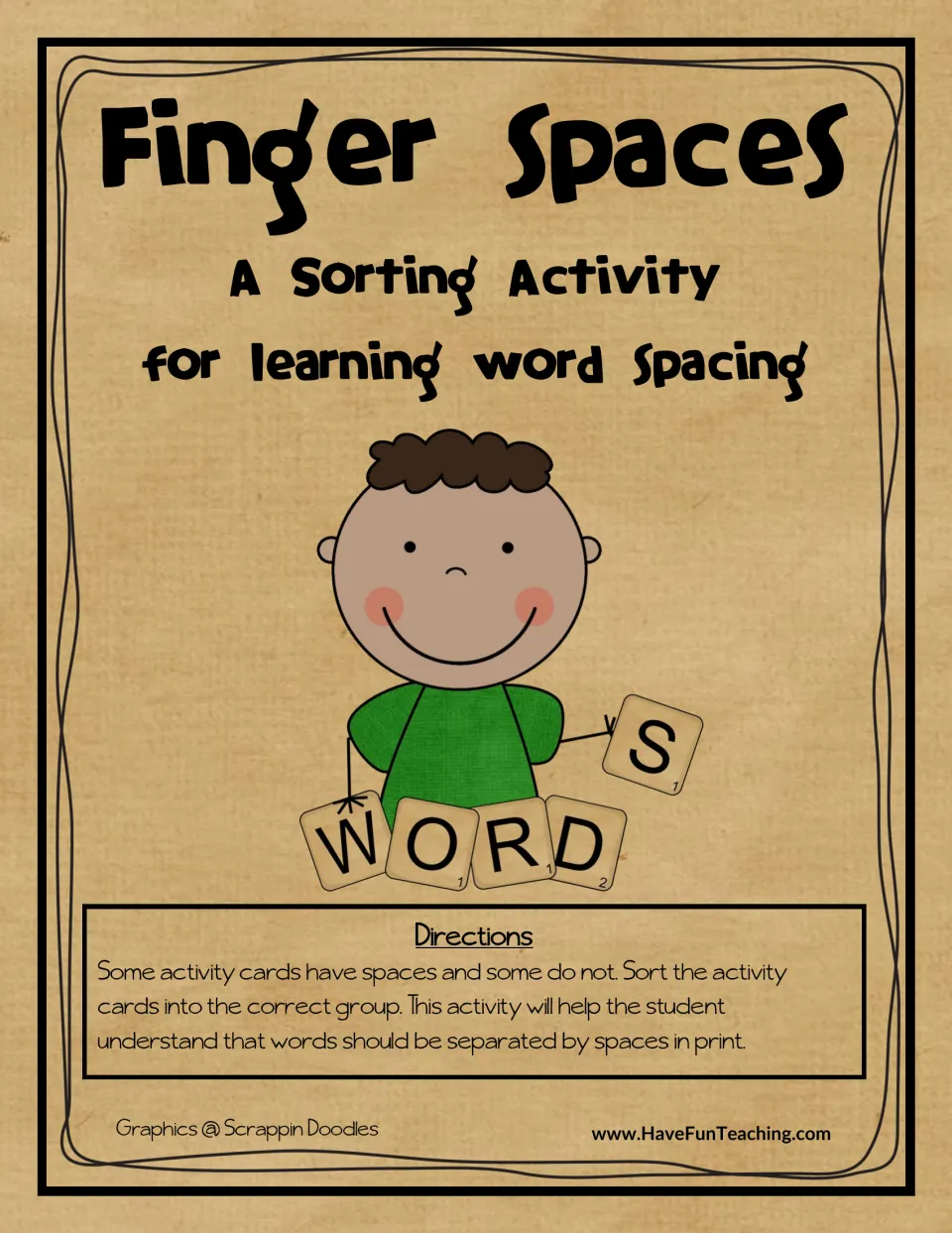 Finger Spaces cover: a sorting activity for word spacing, with directions to sort cards that do and do not have spaces