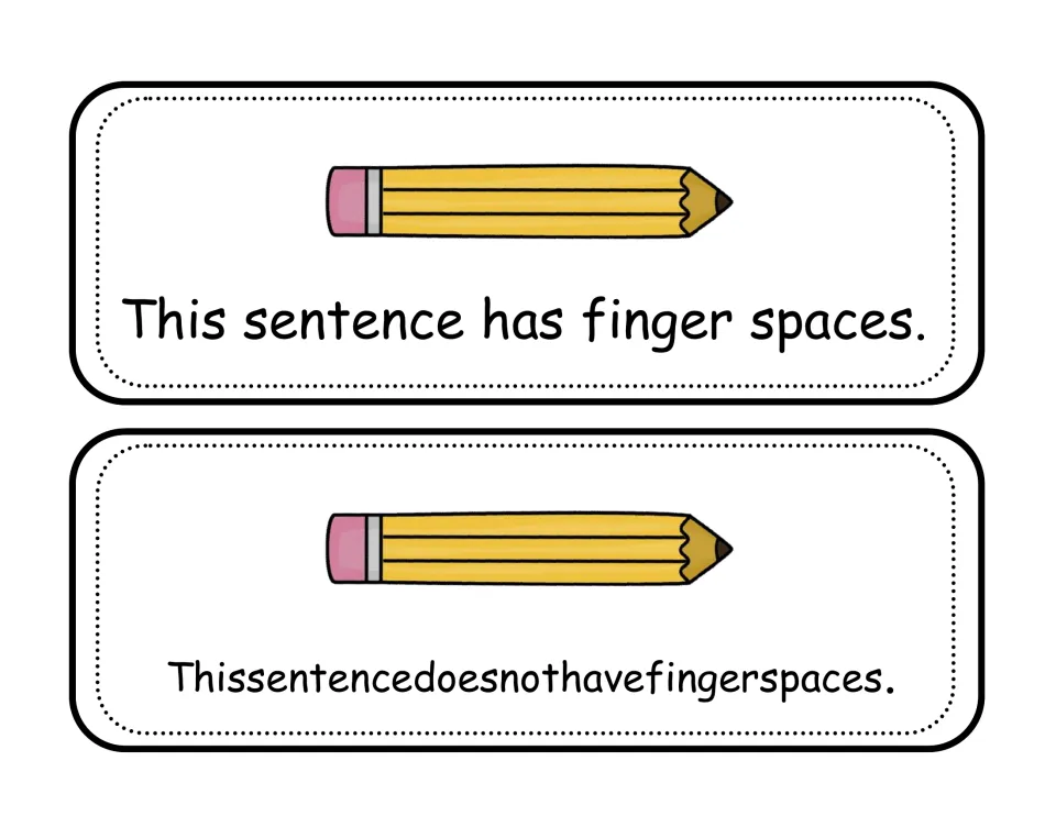Word spacing header cards: 'This sentence has finger spaces' and 'Thissentencedoesnothavefingerspaces' with pencils
