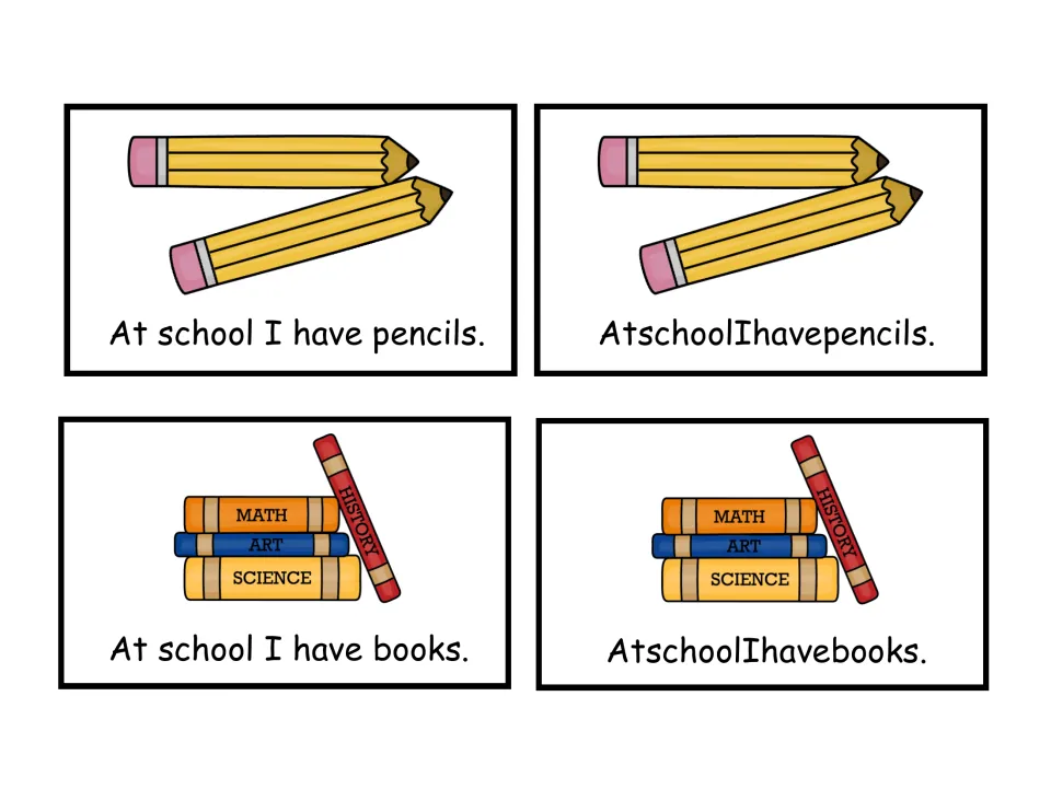 Spacing sort cards: 'At school I have pencils' and 'books', each shown with and without spaces between the words
