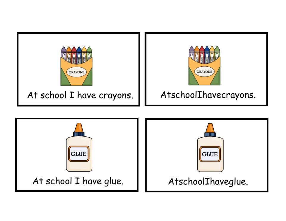Spacing sort cards: 'At school I have crayons' and 'glue', each written once with word spaces and once run together