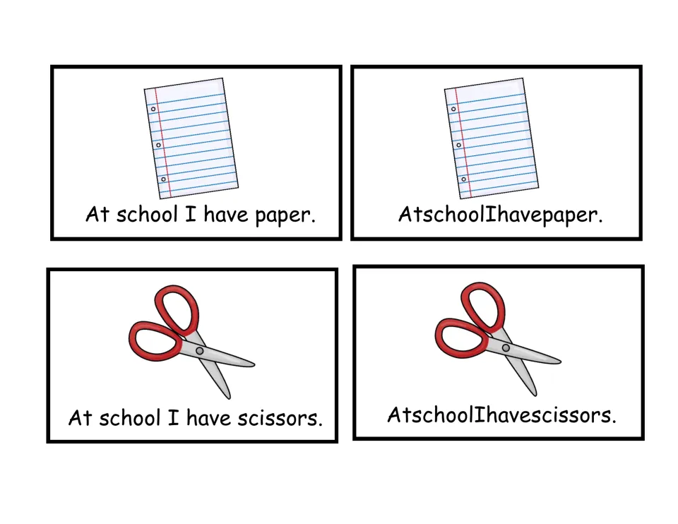 Spacing sort cards: 'At school I have paper' and 'scissors', with spaced and unspaced versions for students to sort