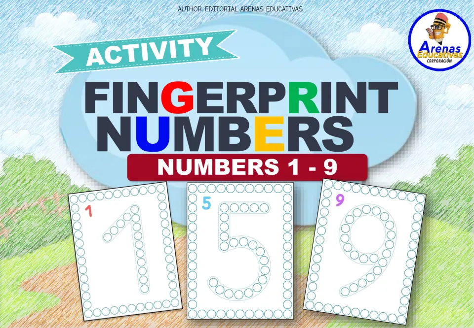Cover of the fingerprint number activity, labeled 'Numbers 1 - 9', showing sample cards for 1, 5, and 9