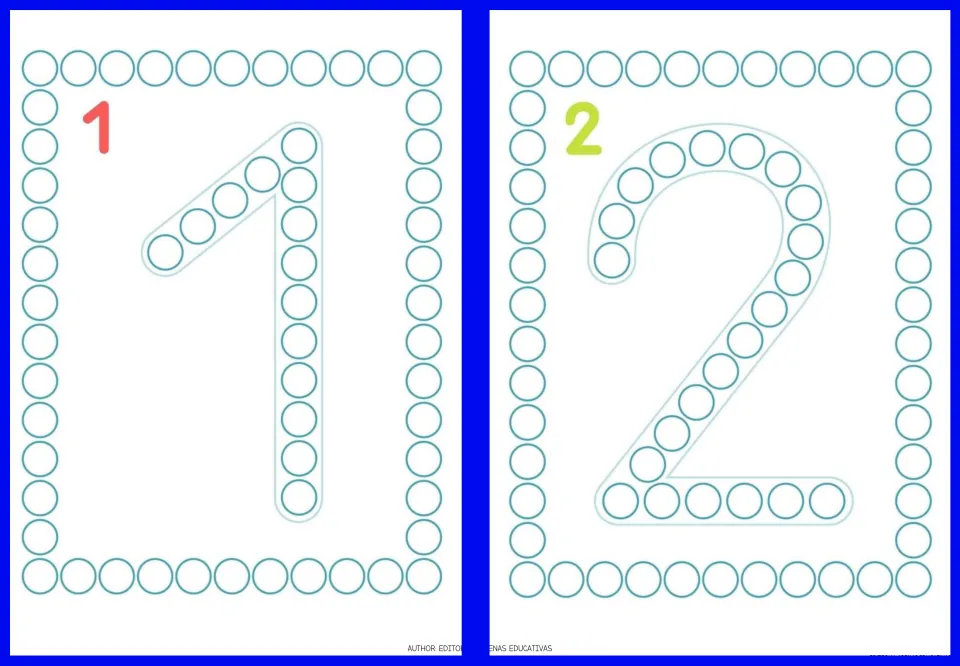 Fingerpainting cards 1 and 2 of the nine-card set, each showing a large numeral filled with circles to paint