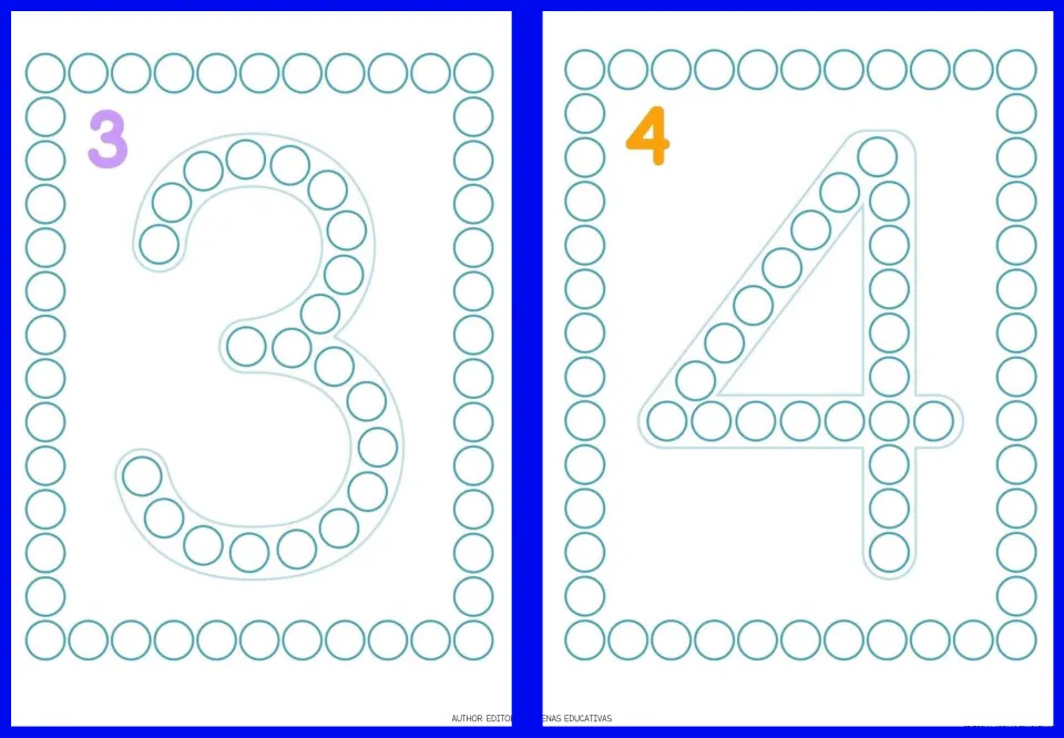 Fingerpainting cards 3 and 4 of the nine-card set, each showing a large numeral filled with circles to paint