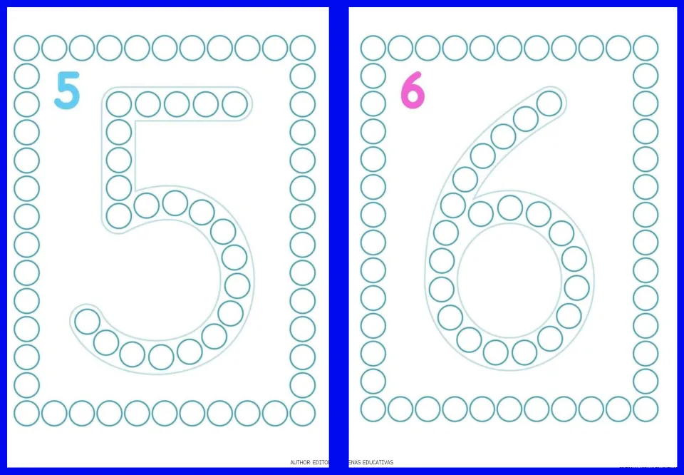 Fingerpainting cards 5 and 6 of the nine-card set, each showing a large numeral filled with circles to paint