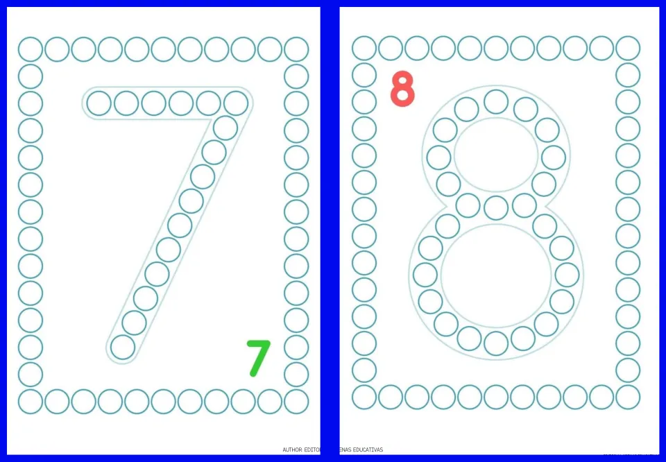 Fingerpainting cards 7 and 8 of the nine-card set, each showing a large numeral filled with circles to paint