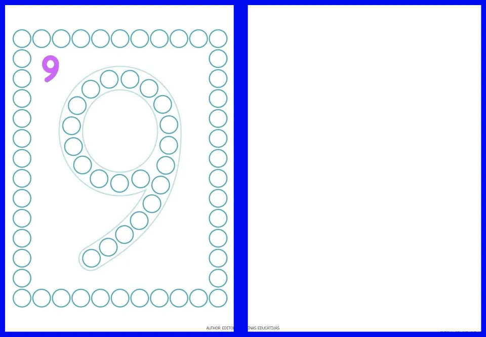 Final fingerpainting card in the nine-card set: a large numeral 9 filled with circles to paint, printed alone