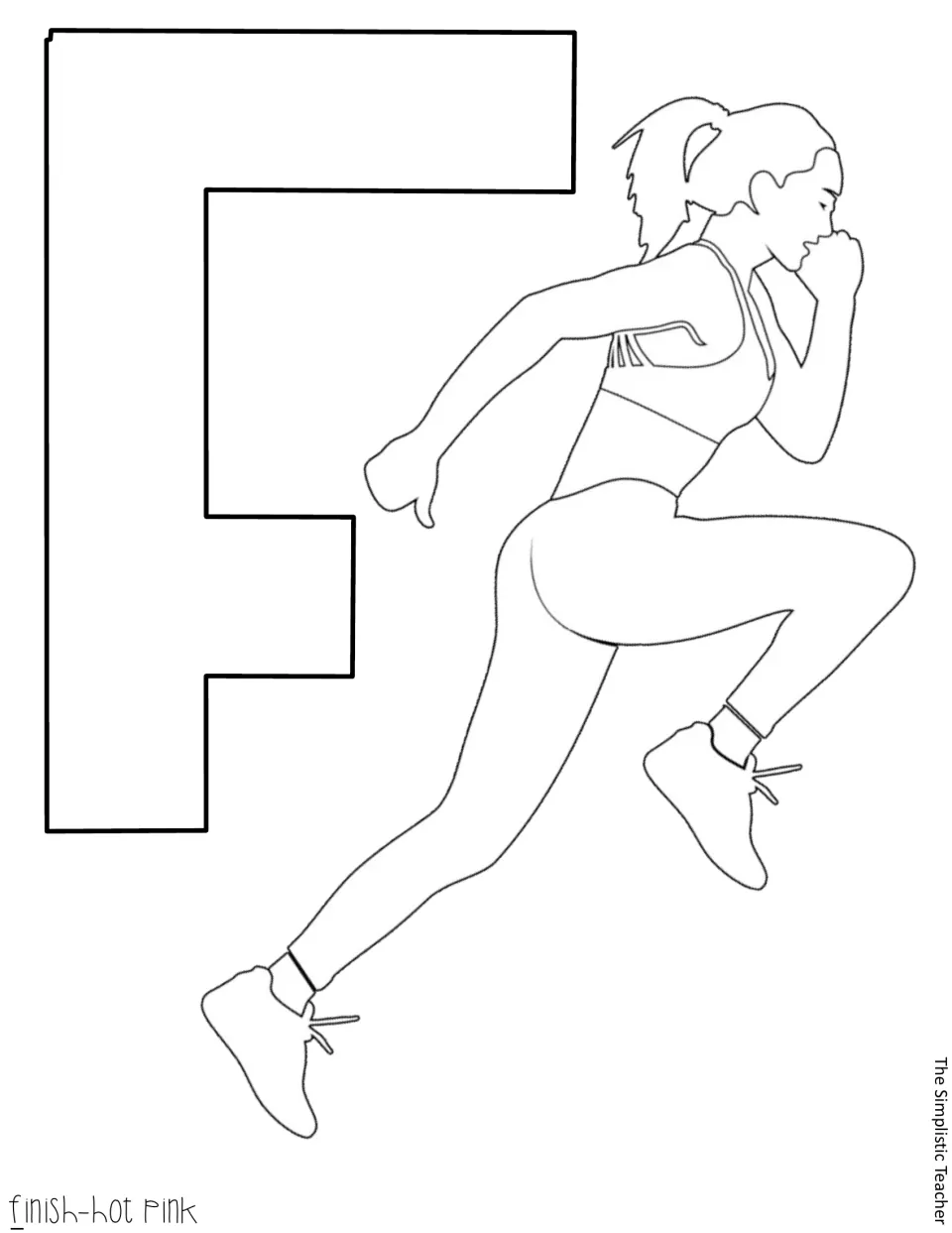 Blank outline cut-out of the letter F for FINISH with a sprinting runner, ready to trace onto colored card stock