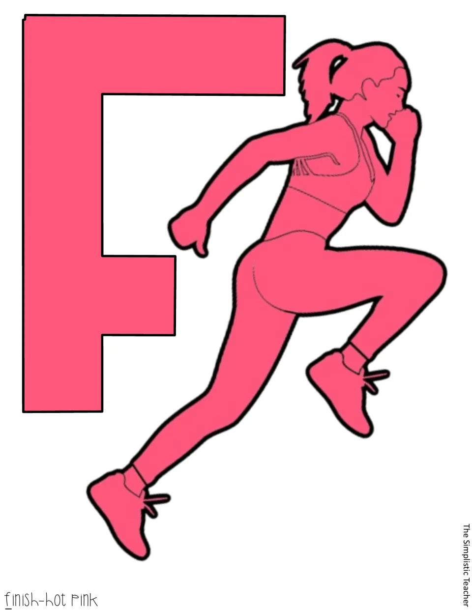 Pre-colored hot pink letter F cut-out for FINISH, paired with a pink sprinting runner silhouette outlined in black