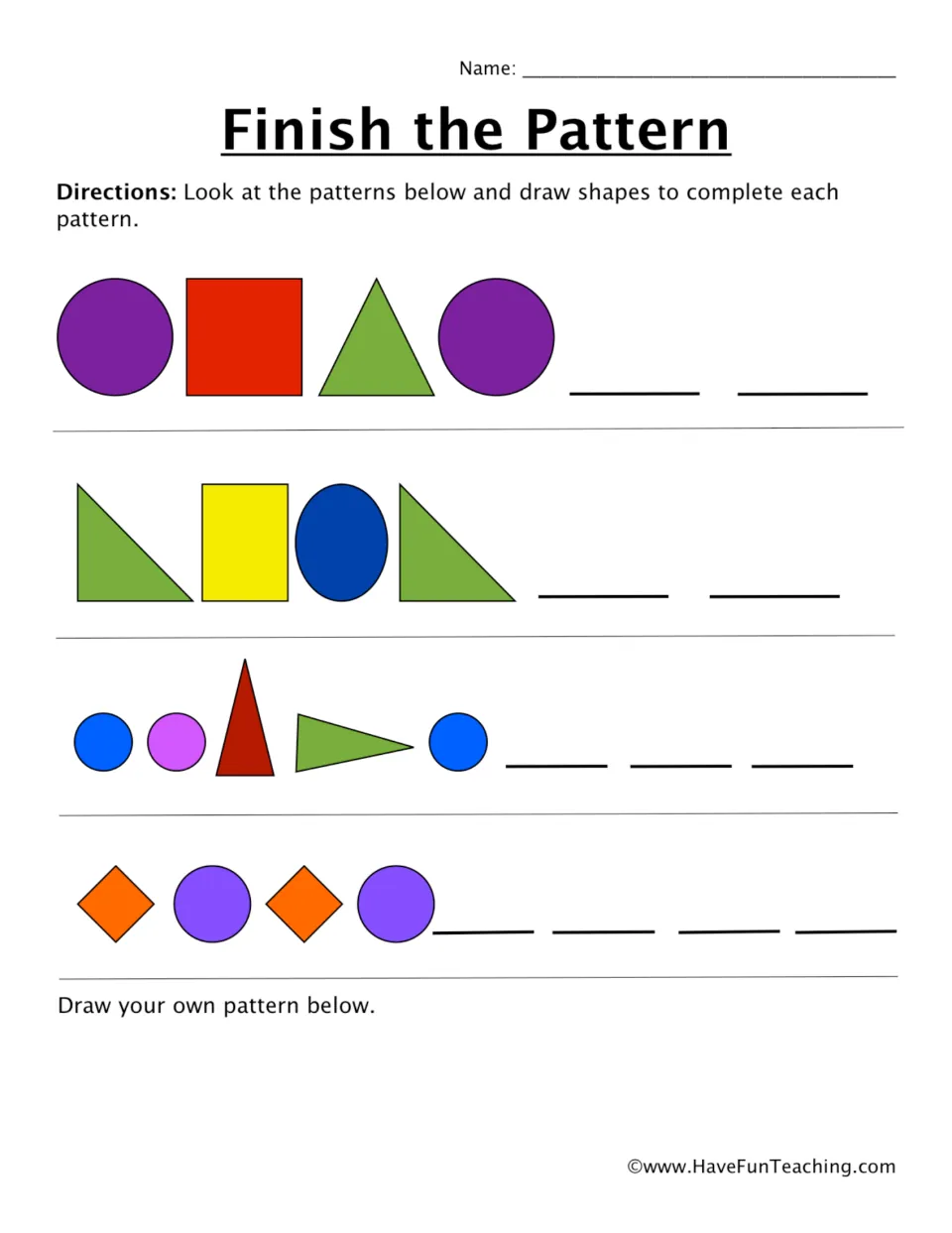 Finish the Pattern: students draw the next shapes in 4 color shape patterns, then draw a pattern of their own