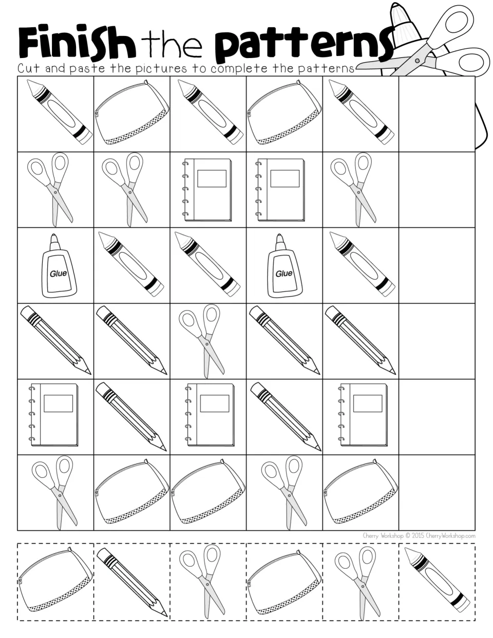 School supply picture patterns: students cut out 6 pictures and paste one to extend each AB, AABB, AAB or ABB row