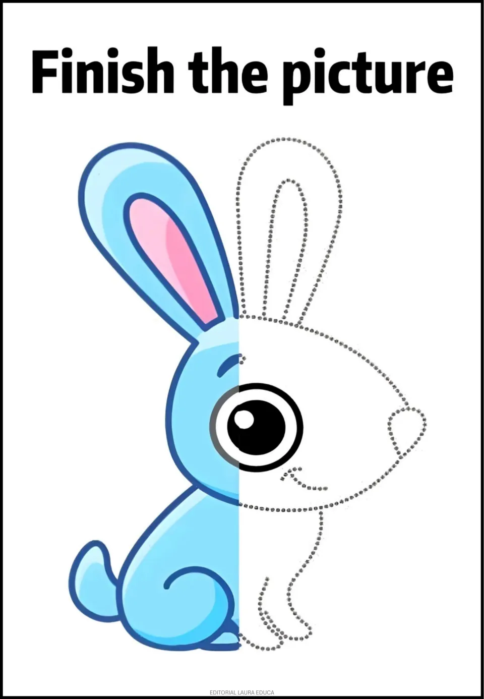 Rabbit completion activity: a blue rabbit has a colored left portion and dotted outlines to trace on the right