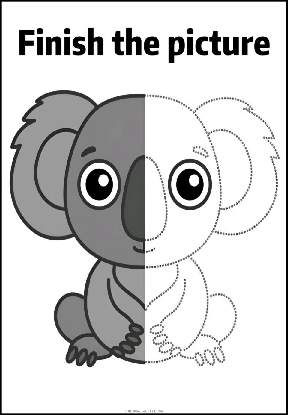 Koala completion activity: a gray koala has a colored left half and dotted ears, face, and body to trace