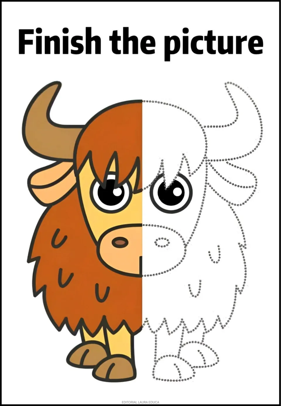 Horned animal completion activity: a shaggy brown animal has a colored left half and dotted right half