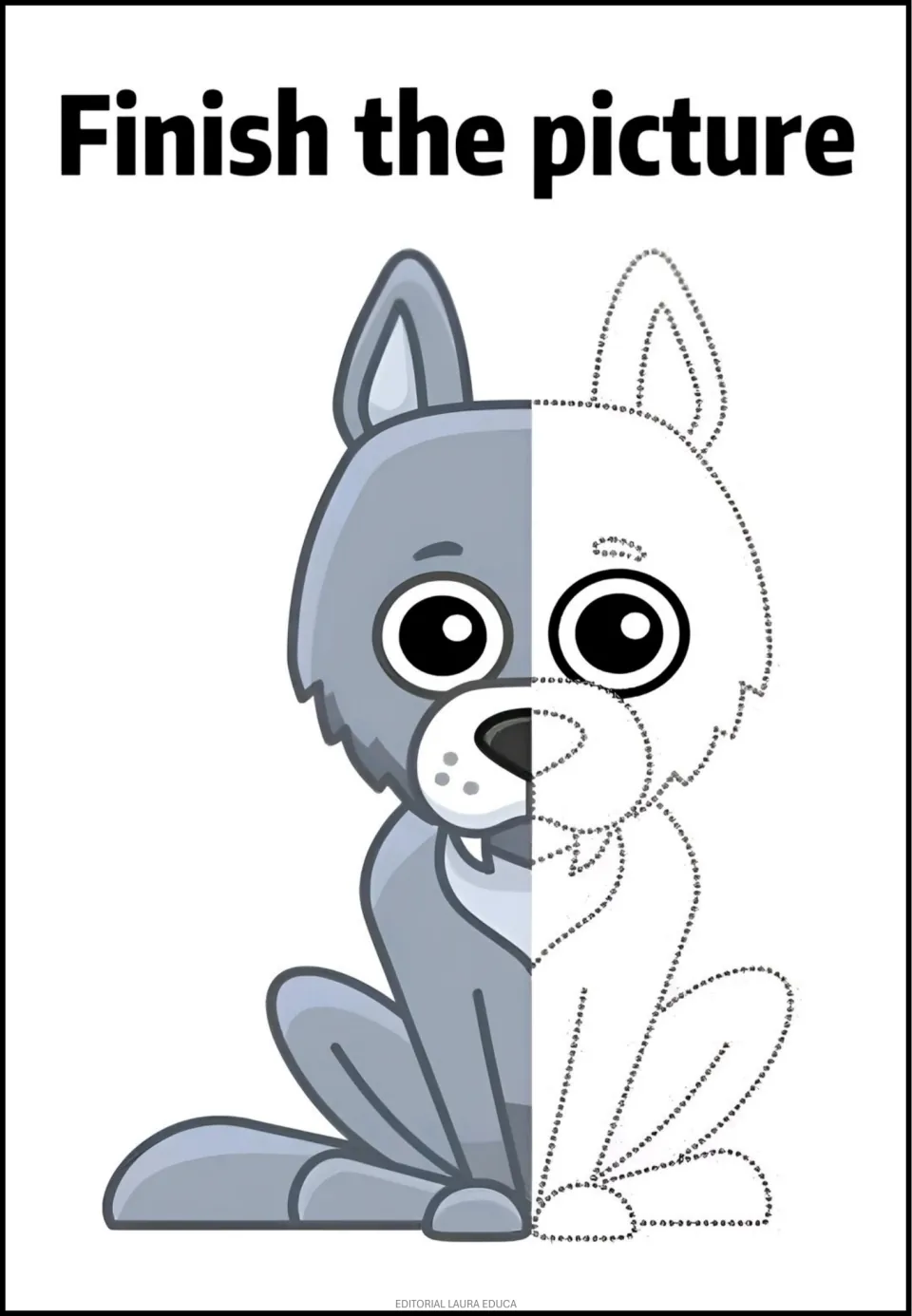 Gray animal completion activity: a seated animal has pointed ears, a colored left side, and dotted right side