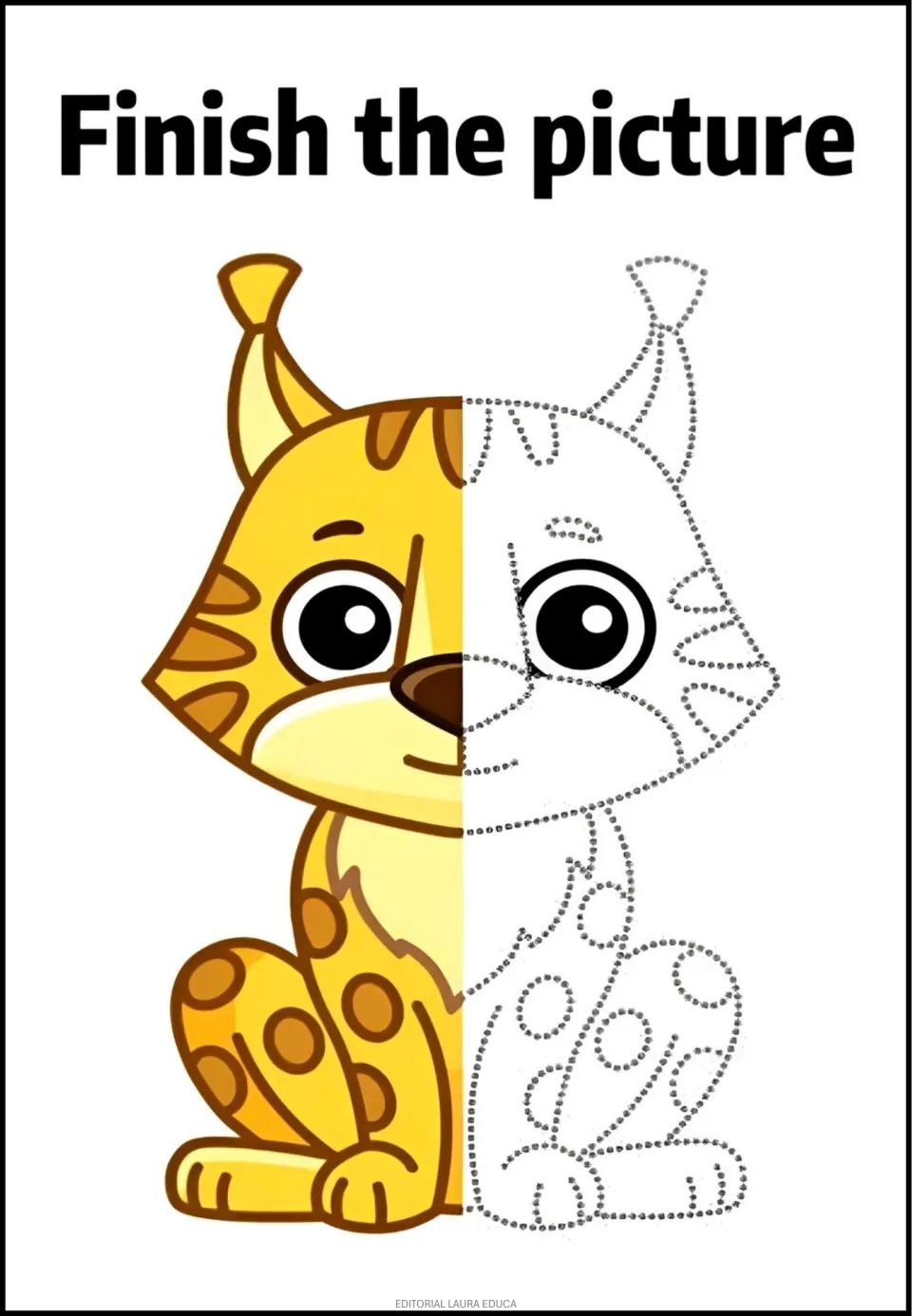 Spotted cat completion activity: a yellow cat has tufted ears, a colored left half, and dotted right half