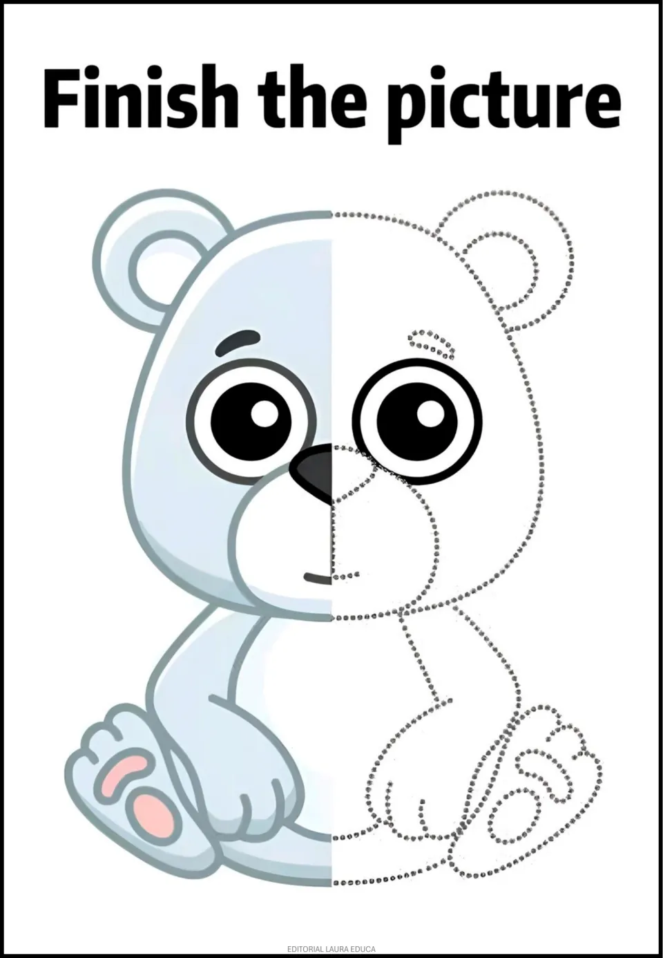 Polar bear completion activity: a seated bear has a pale blue left half and dotted face, body, and paws