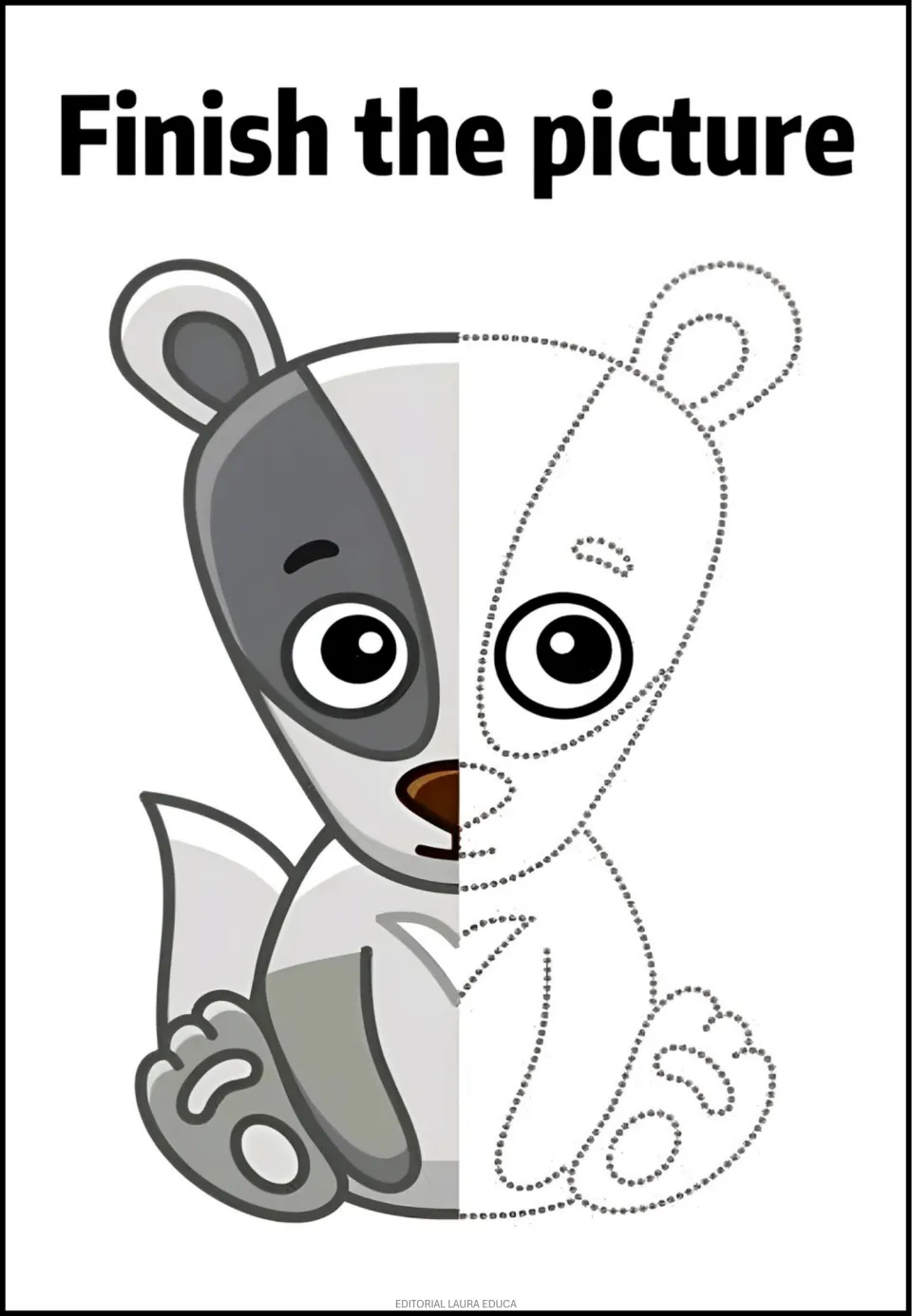 Badger completion activity: a seated badger has a gray facial stripe and dotted outlines on its right half