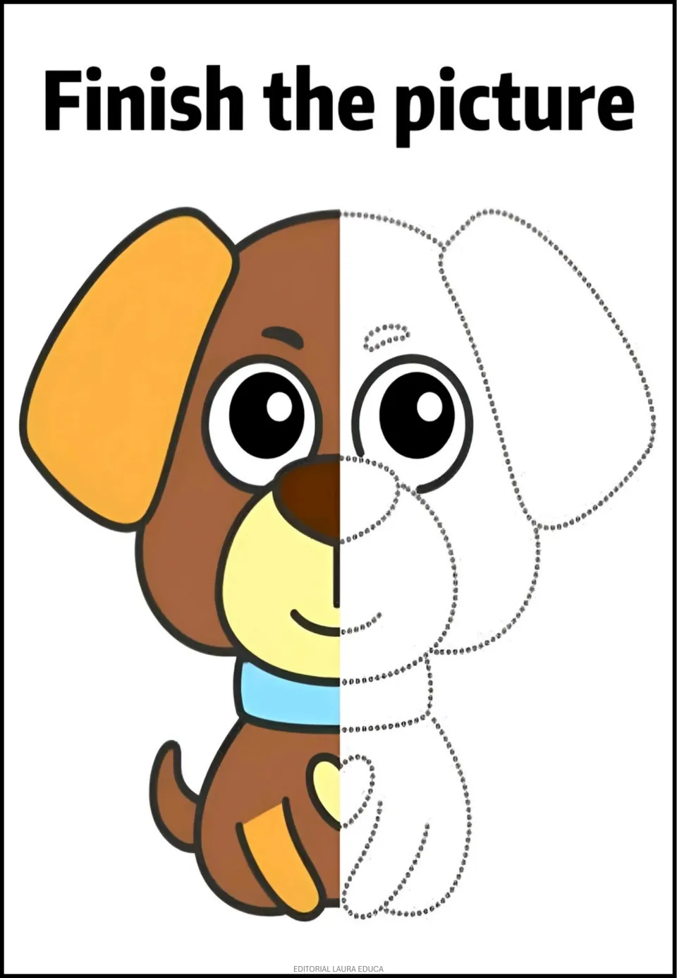 Dog completion activity: a brown puppy has a blue collar, a heart chest marking, and a dotted right half