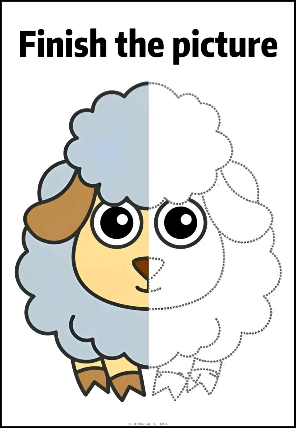 Sheep completion activity: a woolly sheep has a colored left half and dotted fleece, face, and hooves