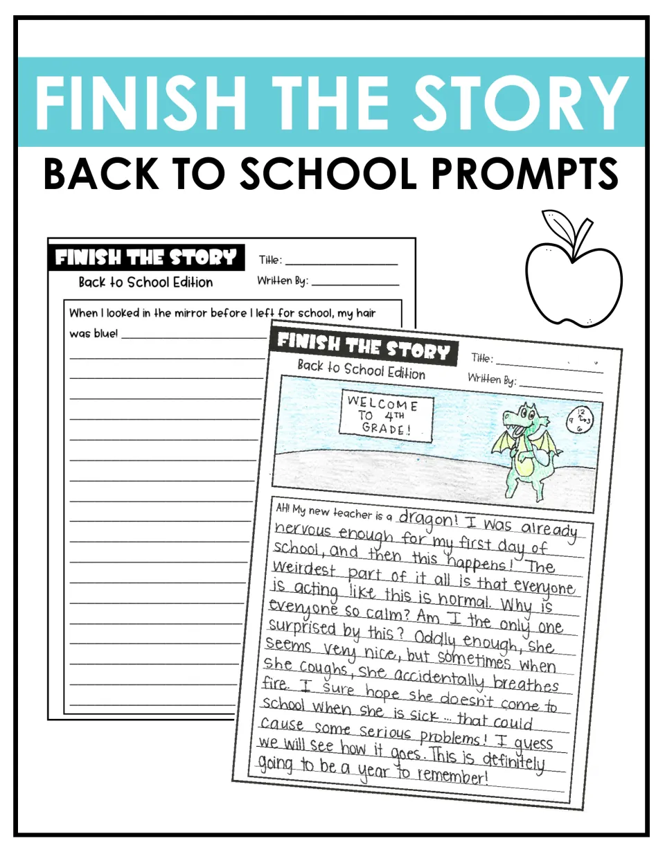 Finish the Story cover: back to school prompts, shown with a blank prompt page and a sample story about a dragon teacher