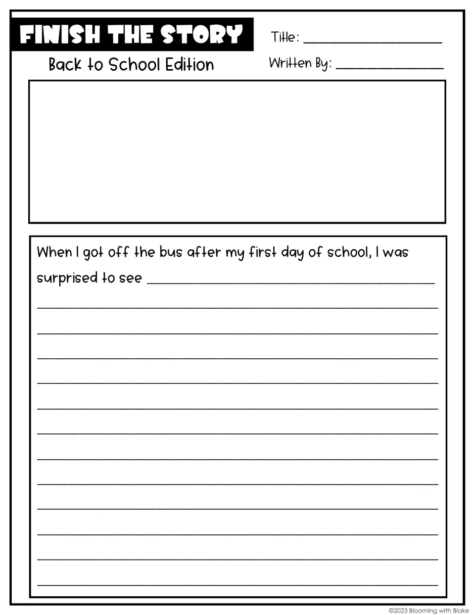 Illustrated version of the bus prompt: students draw the surprise in a picture space, then write what they saw
