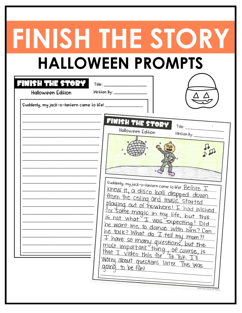 Finish the Story Halloween Prompts cover: a blank jack-o-lantern prompt and a sample illustrated, handwritten story