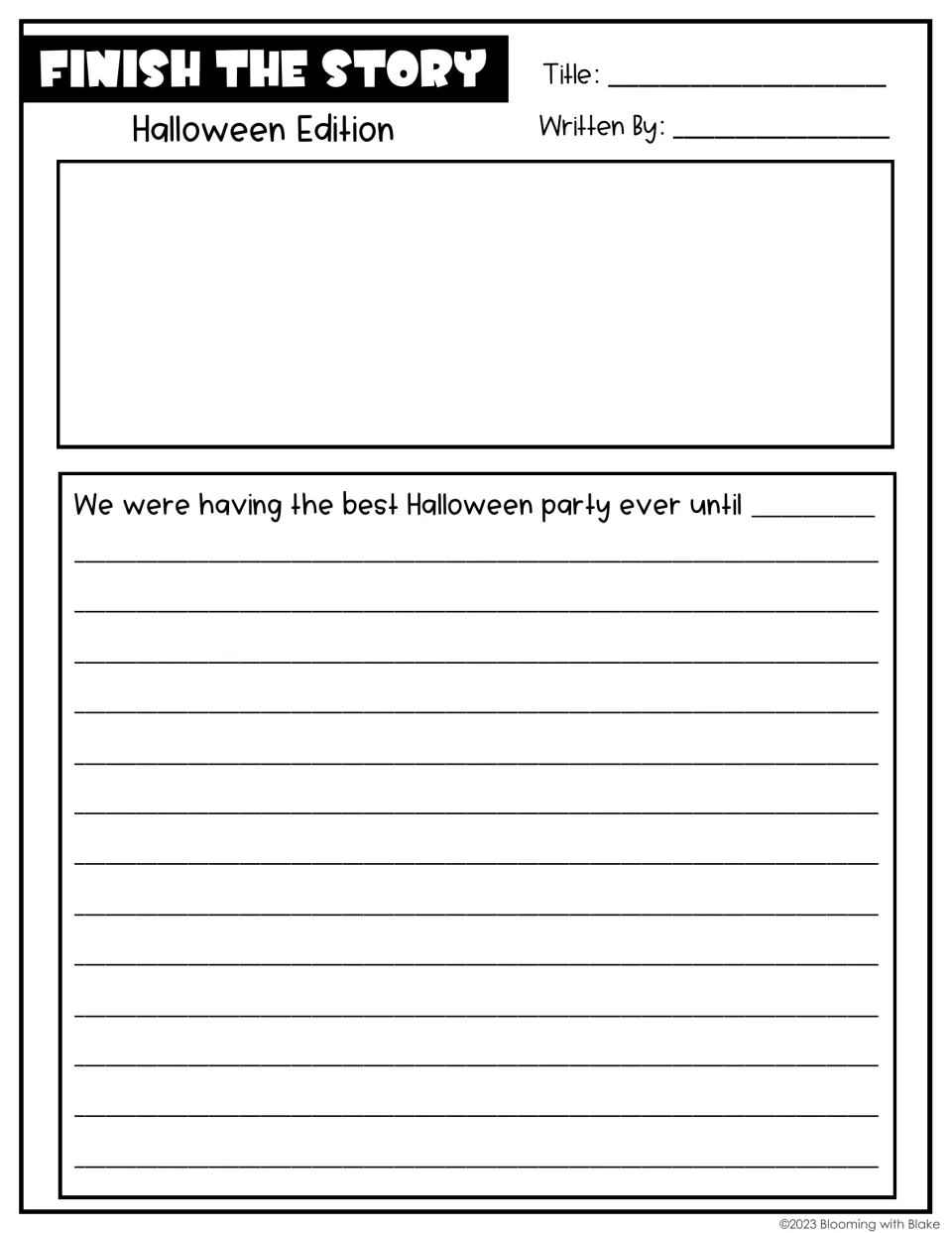 Illustrated version of the party prompt: students draw a scene above, then continue the "best Halloween party" story