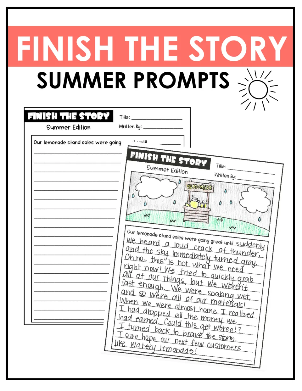 Finish the Story Summer Prompts cover: a blank lemonade stand prompt and a sample with a drawing and handwritten ending