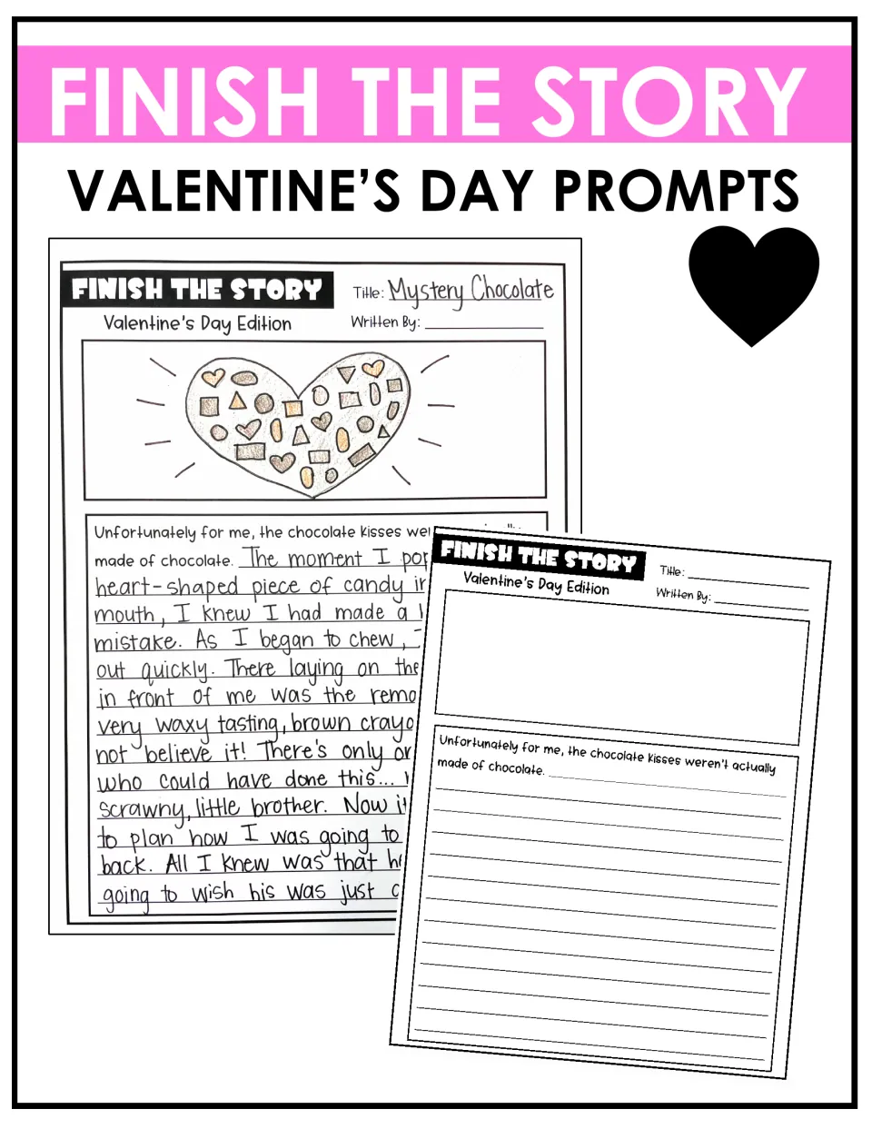Finish the Story Valentine's Day Prompts cover: a sample Mystery Chocolate story in handwriting beside a blank prompt page