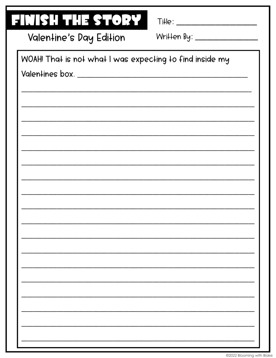 Valentines box surprise story starter: students explain the unexpected thing found in their box after 'WOAH!'