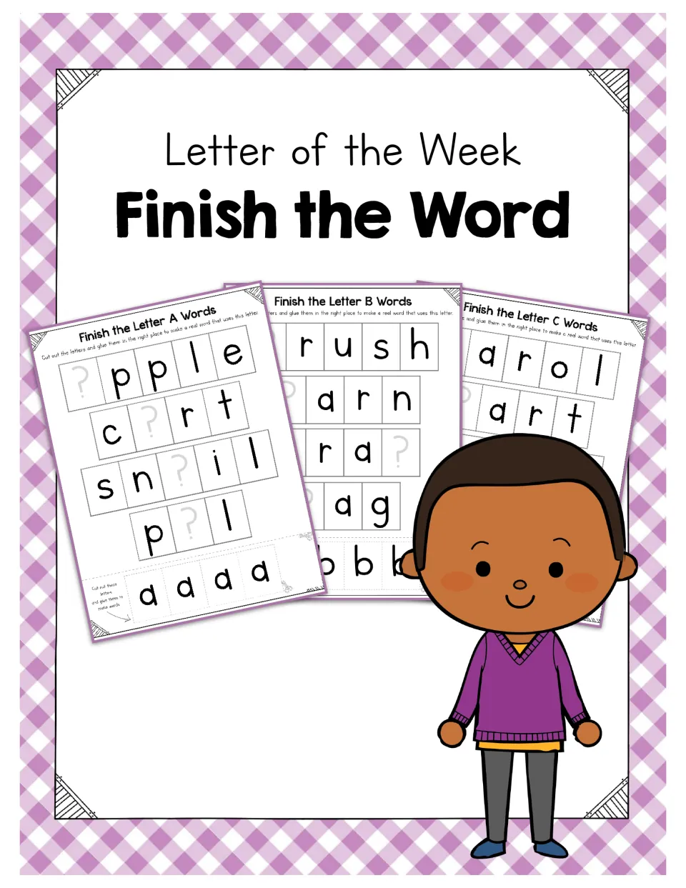 Letter of the Week Finish the Word cover showing letter A, B and C cut-and-glue word sheets beside a smiling cartoon boy