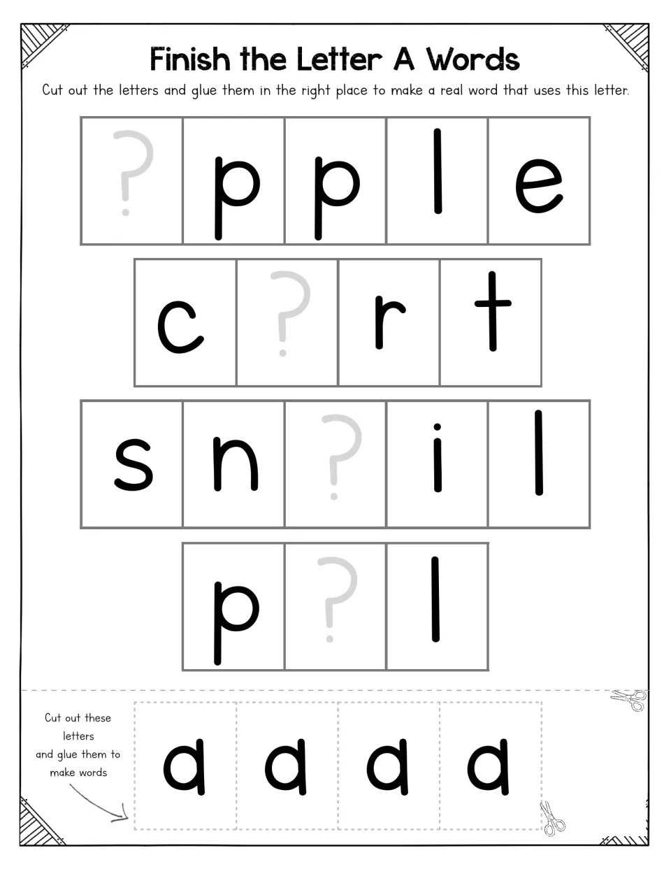 Letter A missing-letter words: students cut out four a tiles and glue them in to finish _pple, c_rt, sn_il and p_l