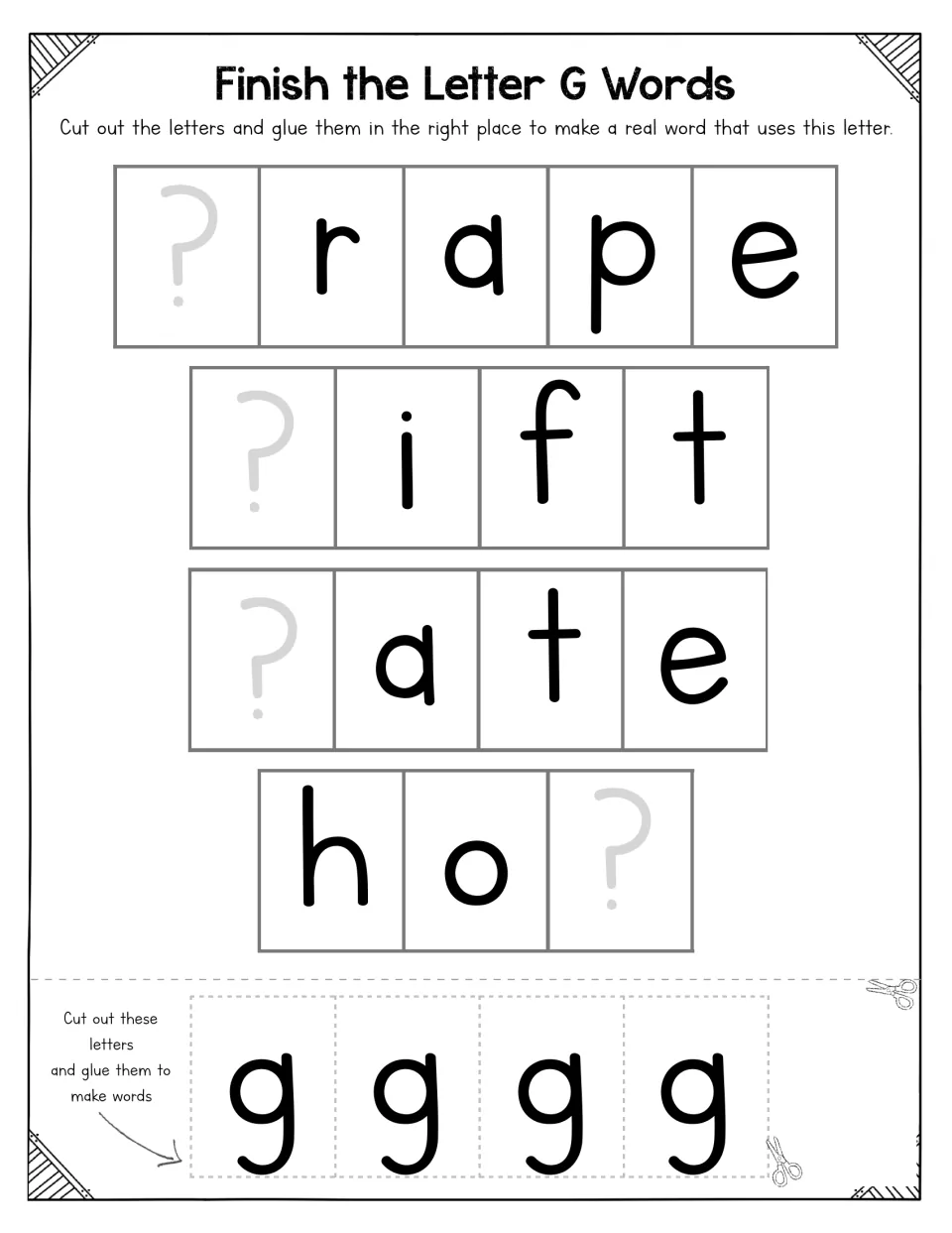 Letter G missing-letter words: students cut out four g tiles and glue them in to finish _rape, _ift, _ate and ho_