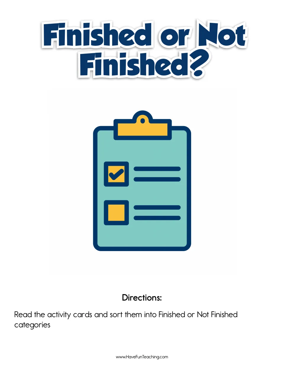 Finished or Not Finished? cover with a clipboard icon and directions to read activity cards and sort them into 2 groups