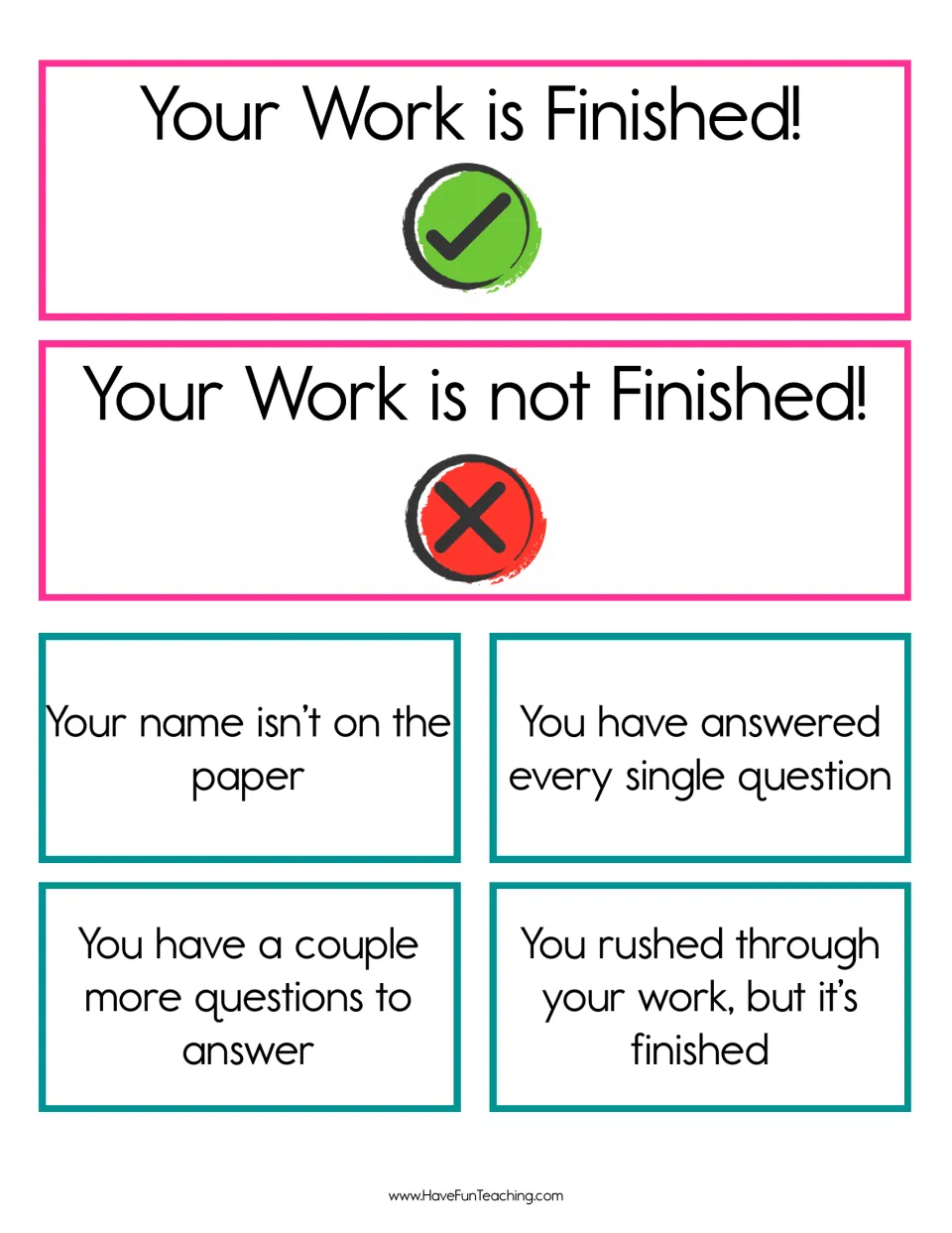 Work habits sort: Your Work is Finished! and not Finished! header cards, plus 4 cards such as name isn't on the paper
