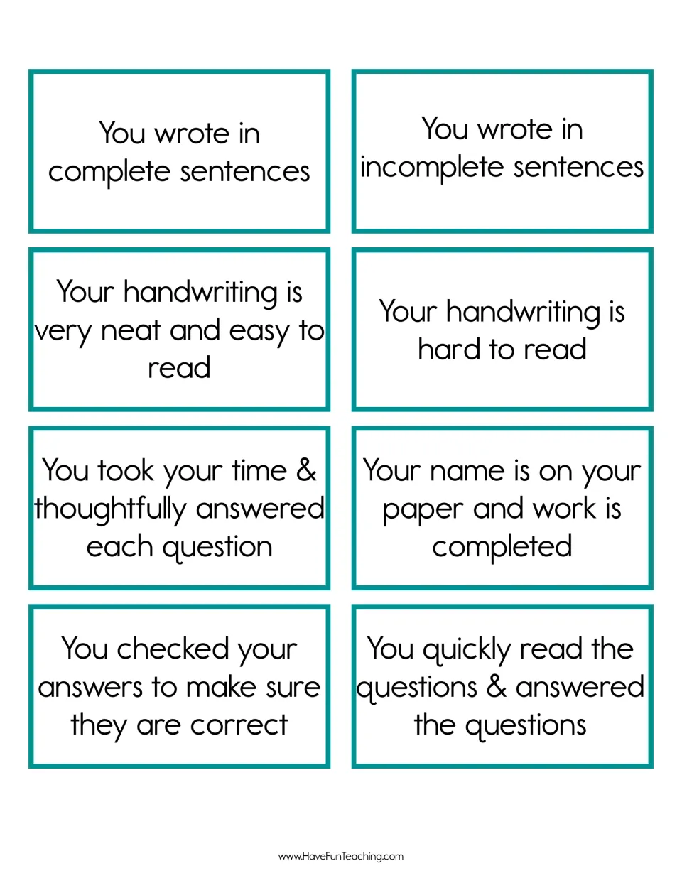 Work habits cards: 8 statements to sort, such as complete vs incomplete sentences and neat vs hard-to-read handwriting