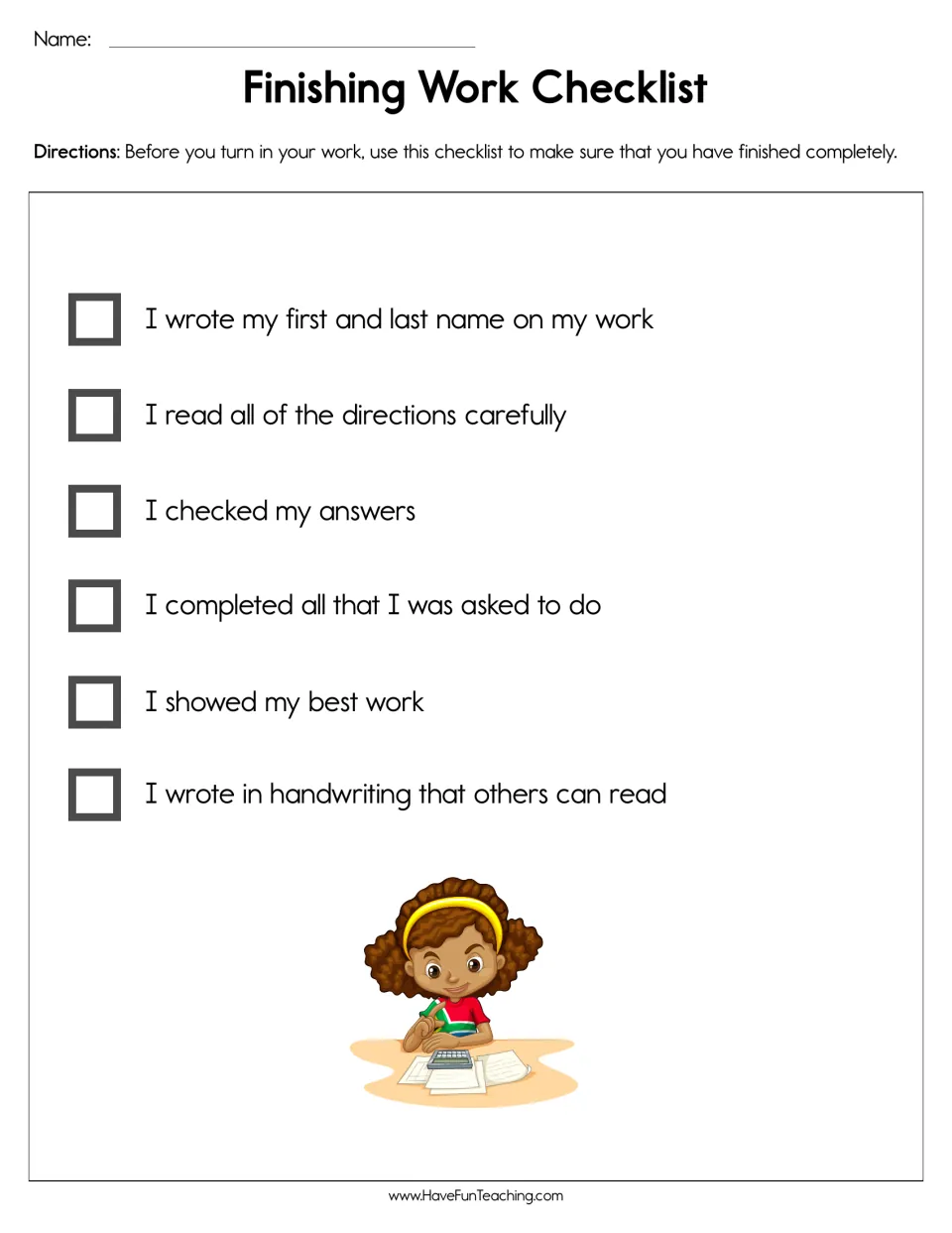 Finishing work self-check: students tick 6 items, such as writing their name and checking answers, before turning in work