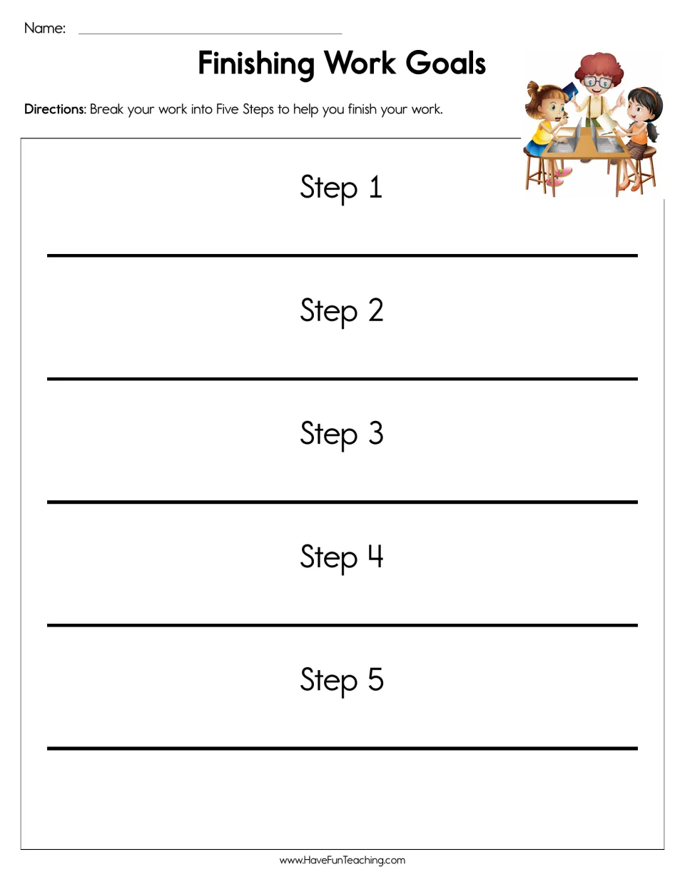 Finishing work goals: students break a task into five steps, writing Step 1 through Step 5 to plan how to finish