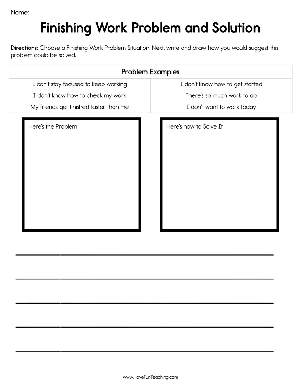 Finishing work problem solving: students pick a problem such as losing focus or not starting, then draw and write a fix