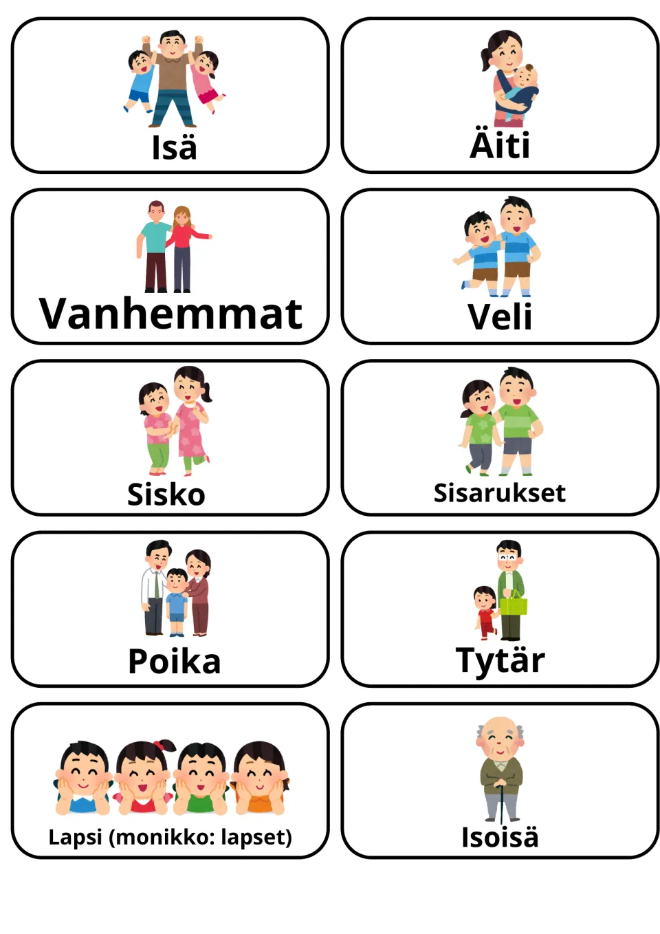 Finnish family words: 10 picture cards for isä, äiti, vanhemmat, veli, sisko, sisarukset, poika, tytär, lapsi, isoisä
