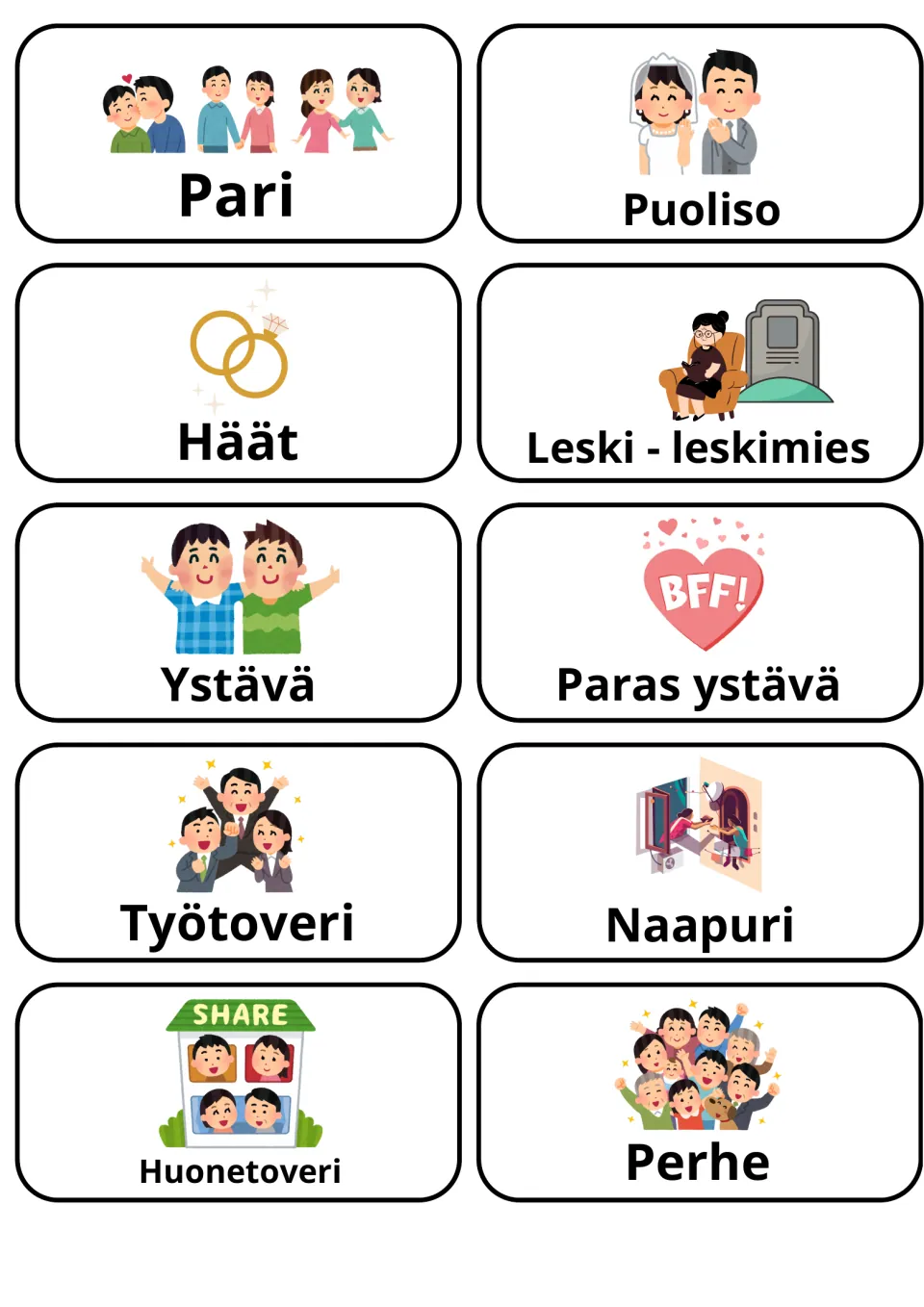 Finnish relationship words: picture cards for pari, puoliso, häät, leski, ystävä, paras ystävä, työtoveri, naapuri, perhe