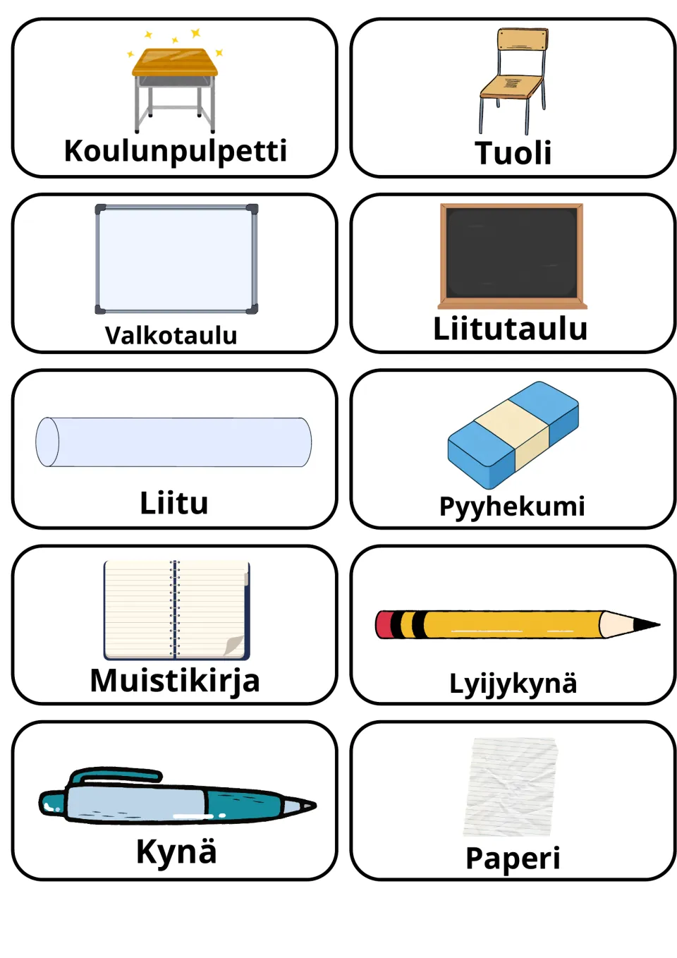 Finnish classroom objects: 10 picture flashcards naming items like Koulunpulpetti, Liitutaulu, Pyyhekumi and Lyijykynä